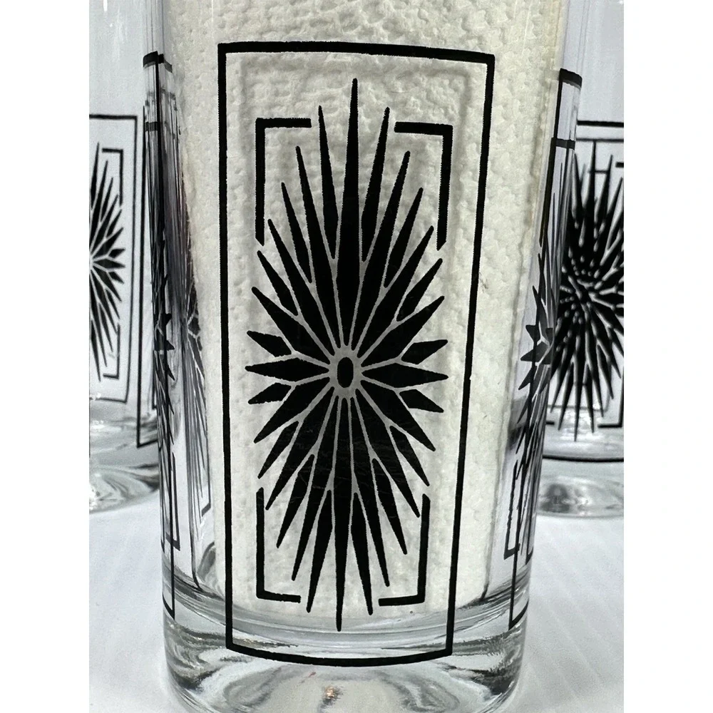 4 Vintage Atomic Mid Century Modern‎ Black Starburst Drinking Glass Tumbler